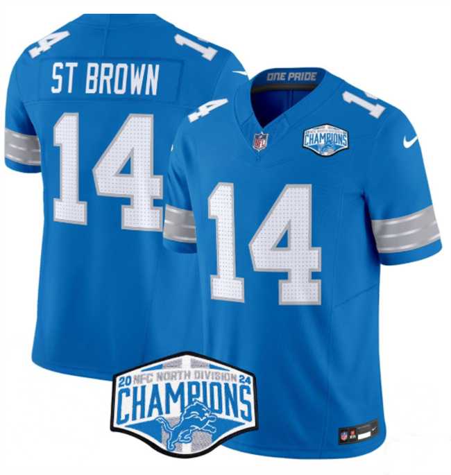 Mens Detroit Lions #14 Amon-Ra St. Brown Blue 2024 NFC North Champions F.U.S.E. Vapor Limited Stitched Jersey